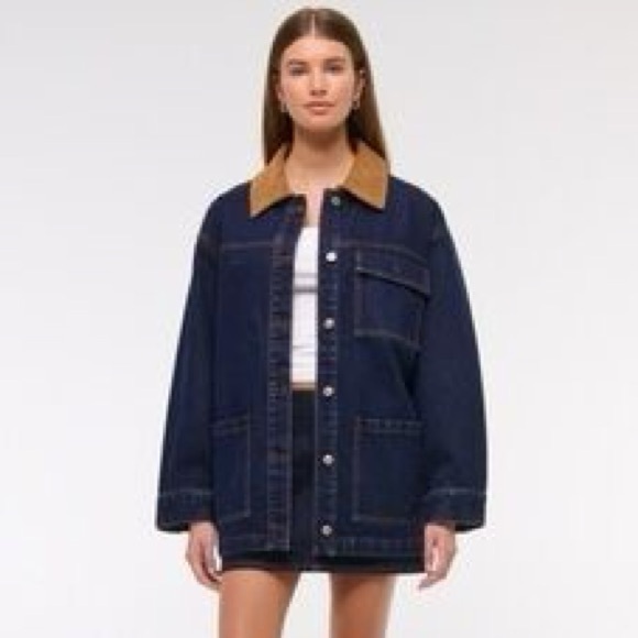 Abercrombie & Fitch Oversized Denim Utility Jacket Sz Large Blue Corduroy Collar - Picture 3 of 8